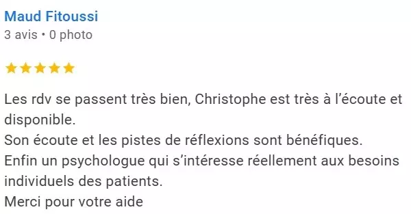 Avis-Google-5-etoiles-sur-le-psychologue-Christophe-Gence-de-Maud-Fitoussi Avis Google positif sur le psychologue Christophe Gence à Yverdon. Maud Fitoussi est satisfaite des conseils et de l'écoute.